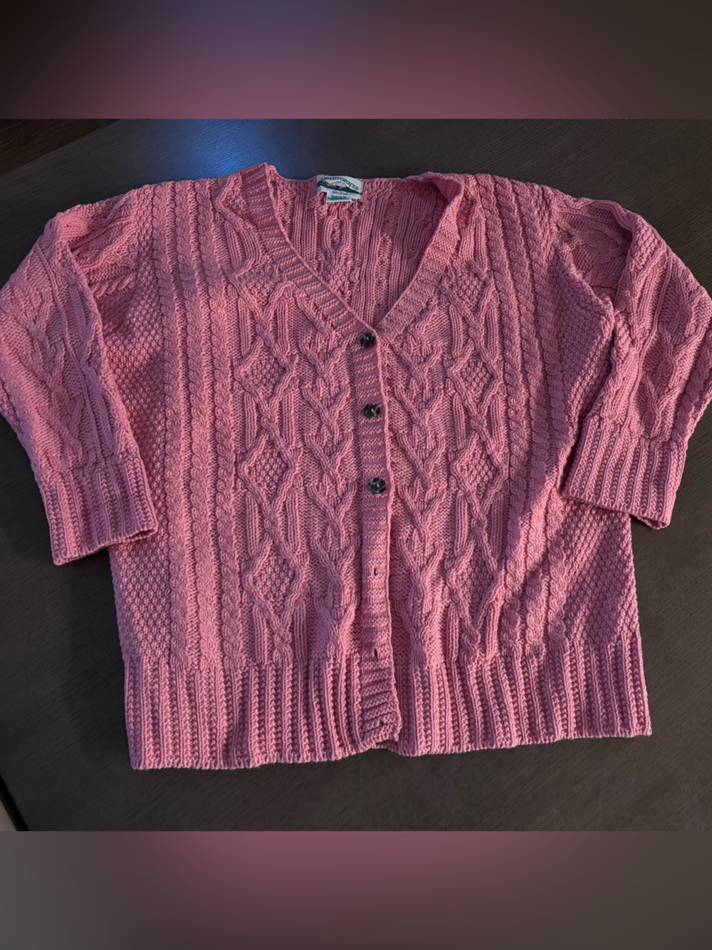 Aran Crafts Pink Cable-Knit Button Cardigan merino wool